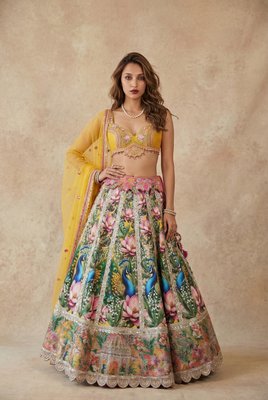 Peacock -Lotus printed Silk lehnga with printed Seq border , Yellow embroidered Blouse , Yellow Net Dupatta