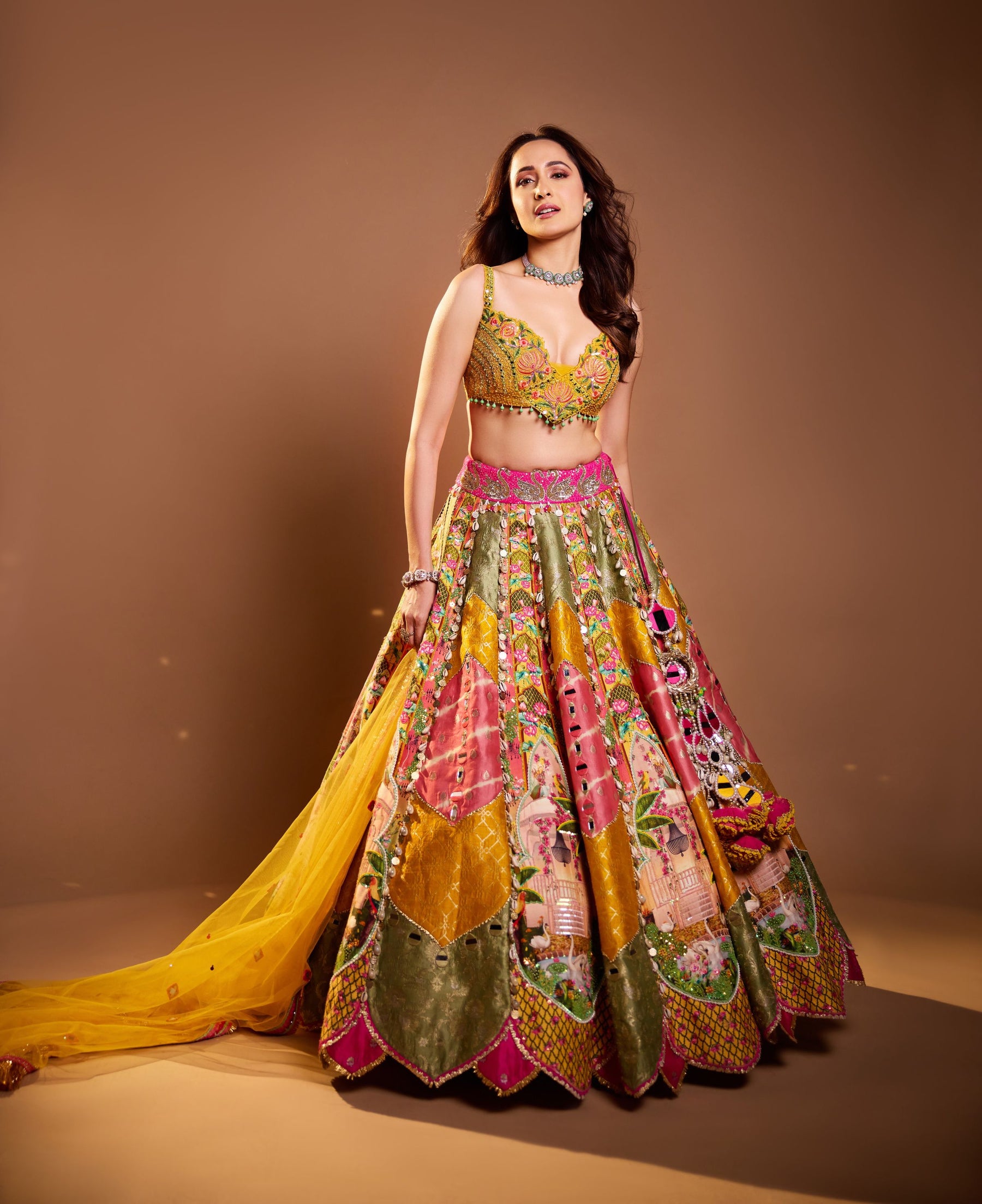 Yellow Mehendi Swan Print Banarsi Patchwork Lehenga