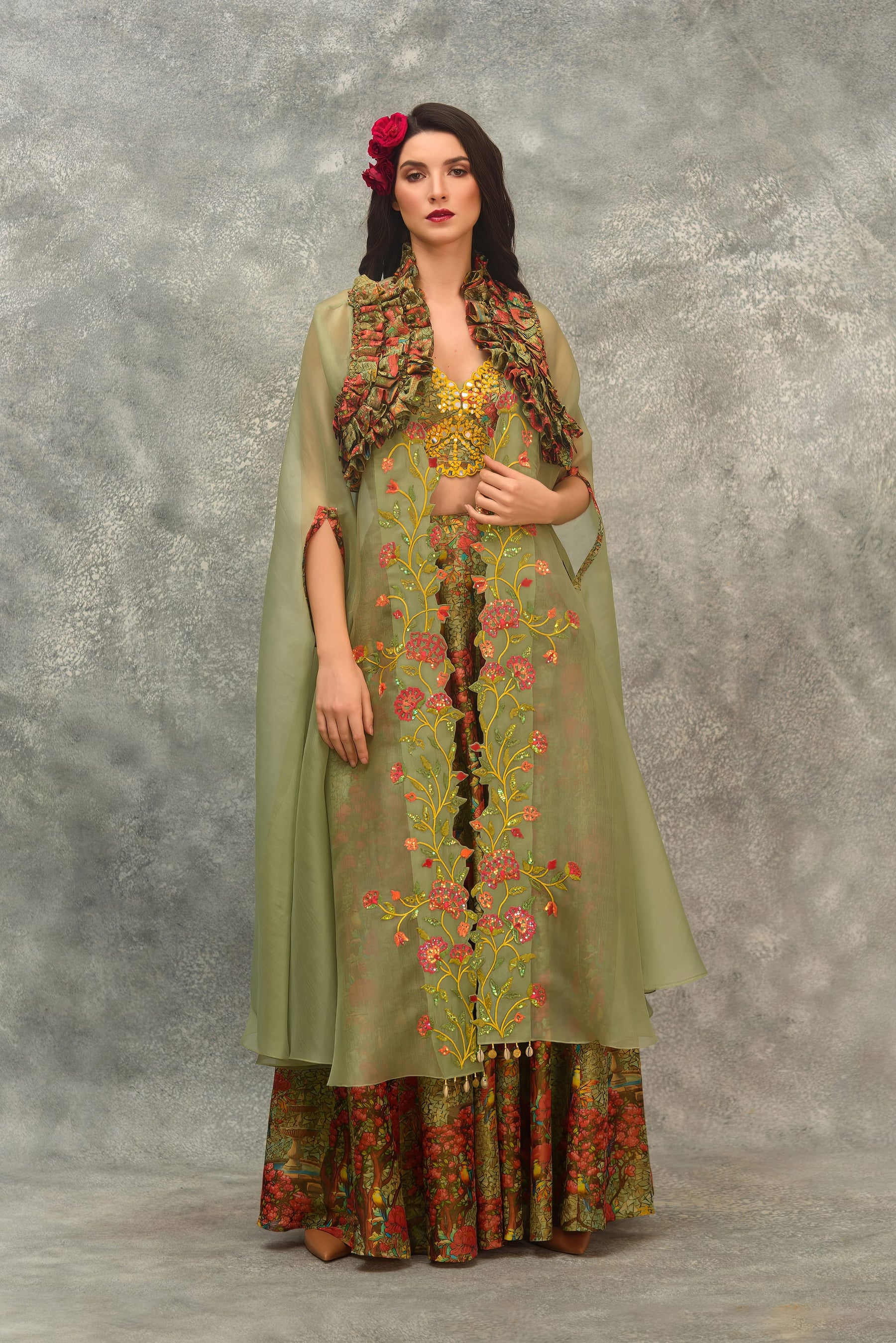 Printed sharara with strap blouse and orangnza hand emb Cape