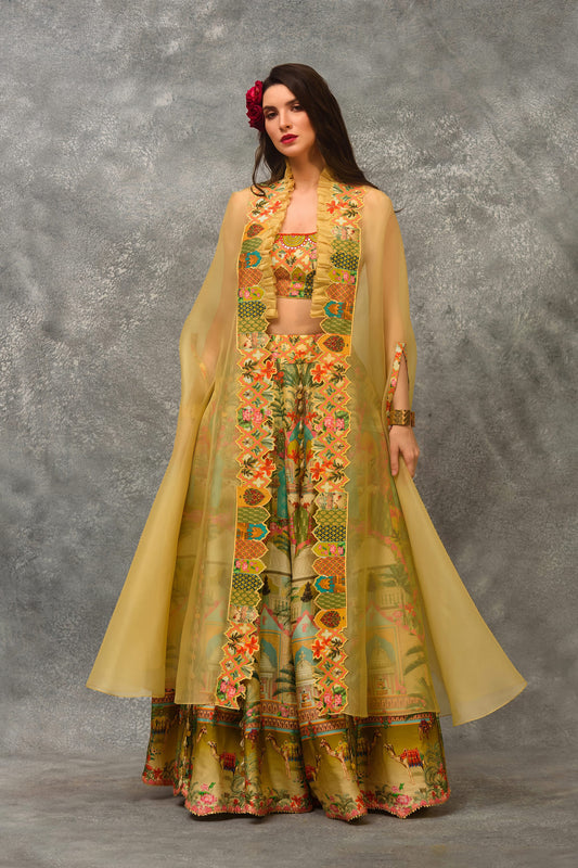 Printed sharara with  blouse and orangnza cutwork border Cape