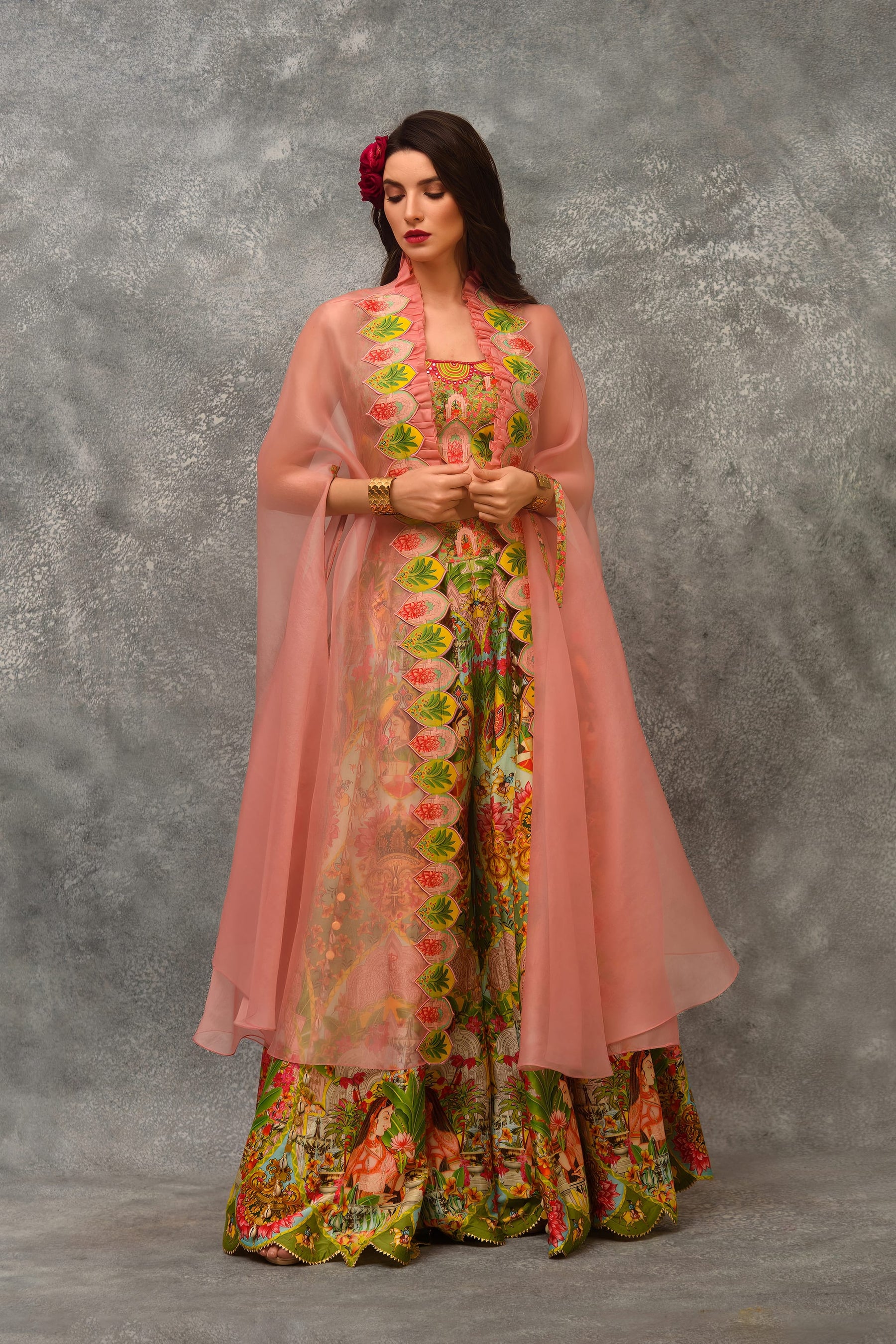 Printed sharara with  blouse and orangnza cutwork border Cape
