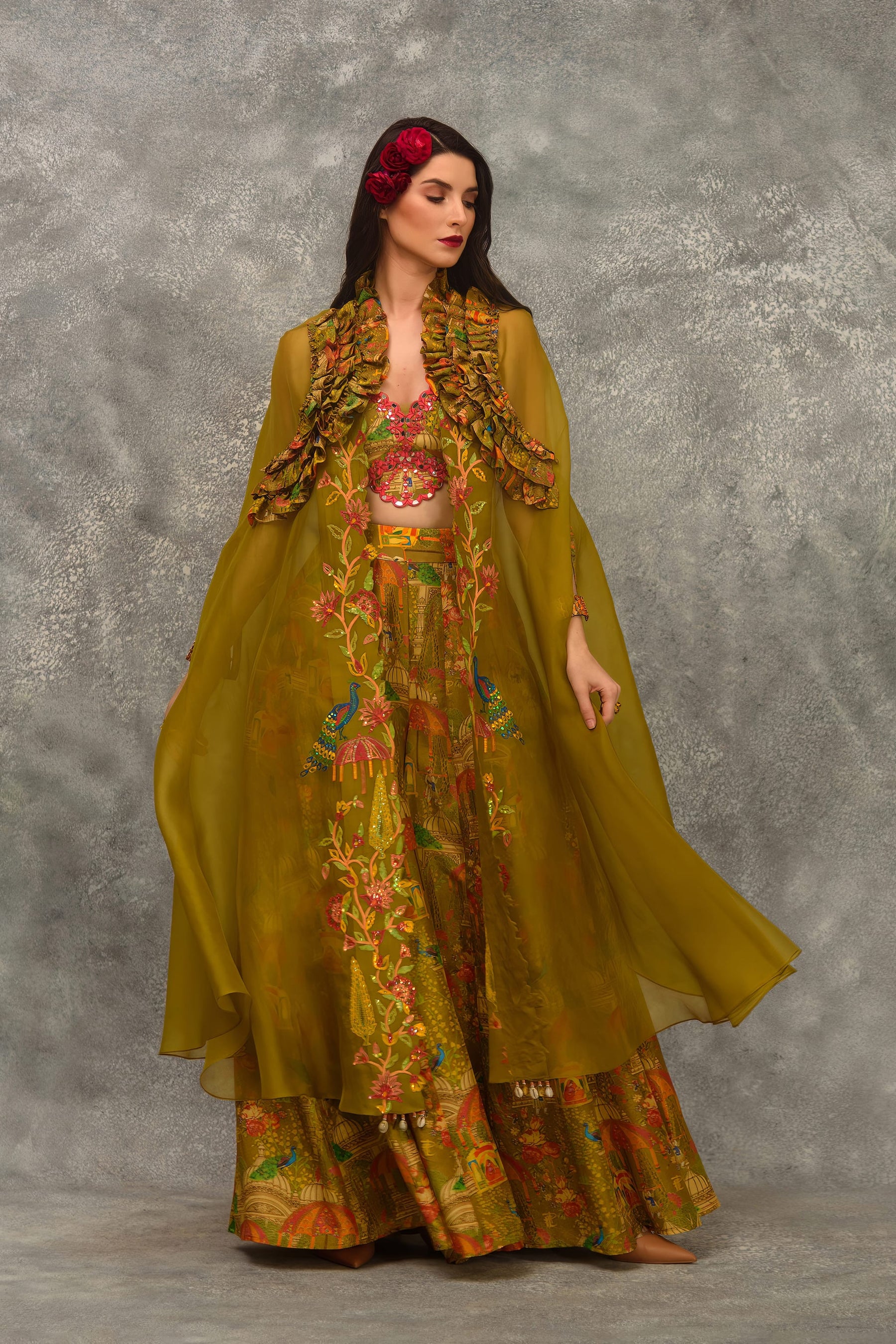 Printed sharara with strap blouse and orangnza hand emb Cape