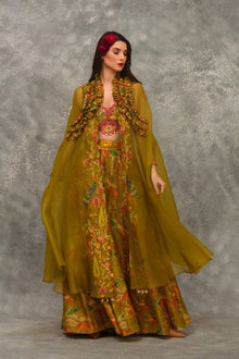 Printed sharara with strap blouse and orangnza hand emb Cape