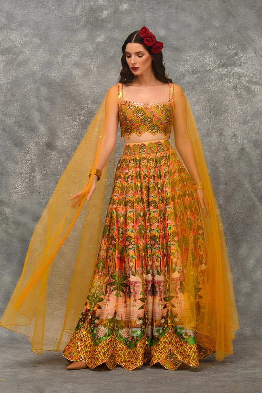 Mustard Mehendi Swan Print Sharara Set