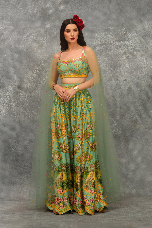 Printed Silk Sharara Set with Blouse and attached Dupatta