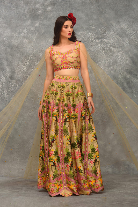 Printed Silk Sharara Set with Blouse and attached Dupatta