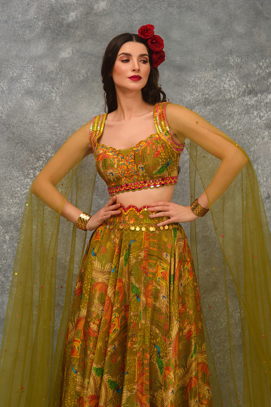 Printed skirt with Blouse and attached Dupatta