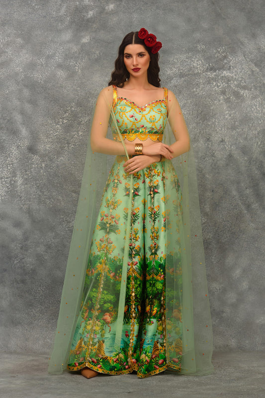 Turquoise Green Pond Print Sharara Set