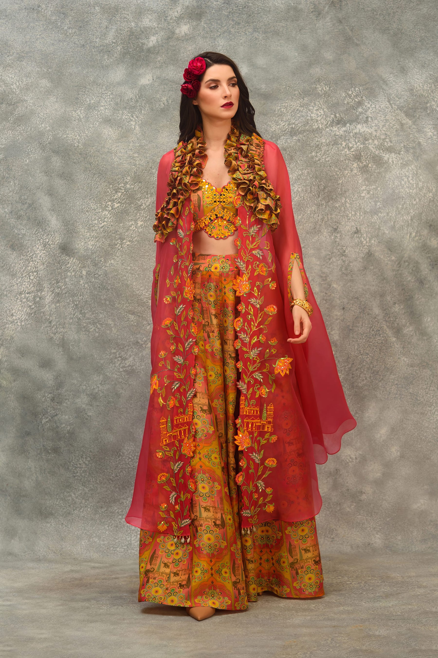 Printed sharara with strap blouse and orangnza hand emb Cape