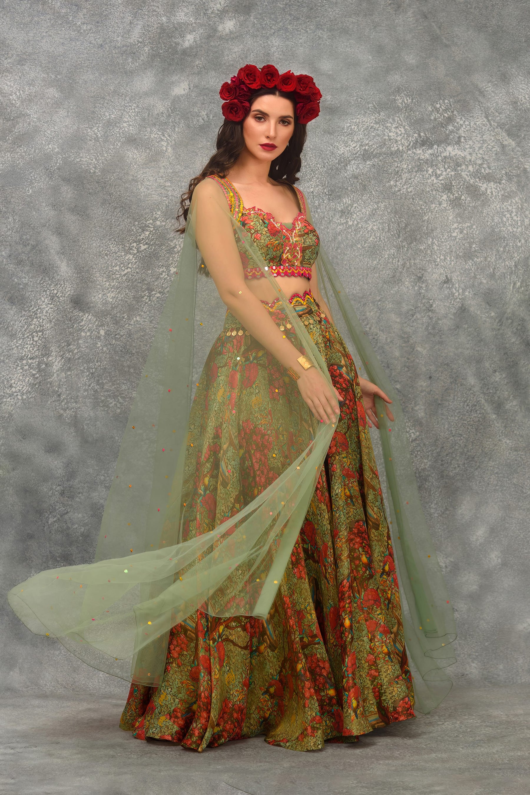 Stain Glass Rose Print Skirt With Blouse