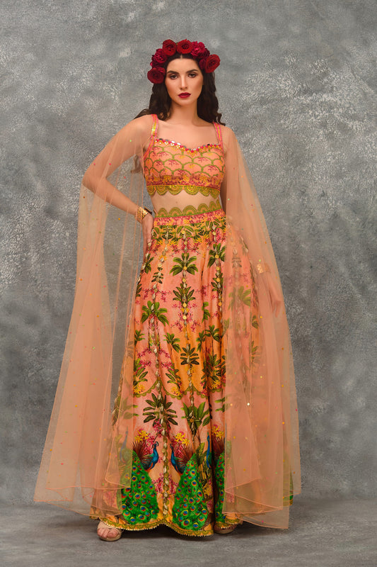 Printed Silk Sharara Set with Blouse and attached Dupatta