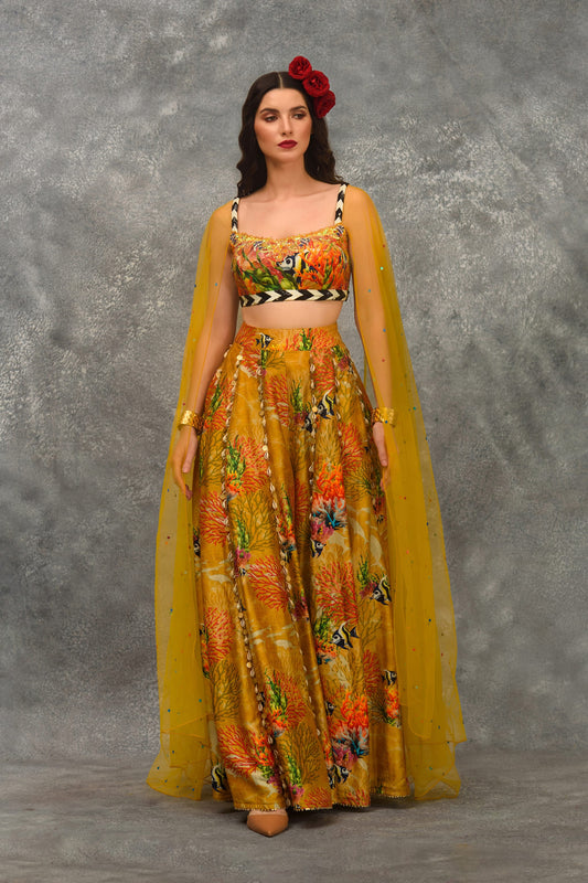 Mustard Coral Reef And Fish Print Sharara Set