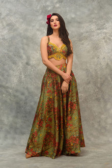 Printed sharara with strap blouse and orangnza hand emb Cape
