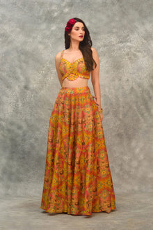 Printed sharara with strap blouse and orangnza hand emb Cape