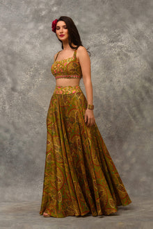 A line Printed skirt with  blouse and orangnza hand emb Cape