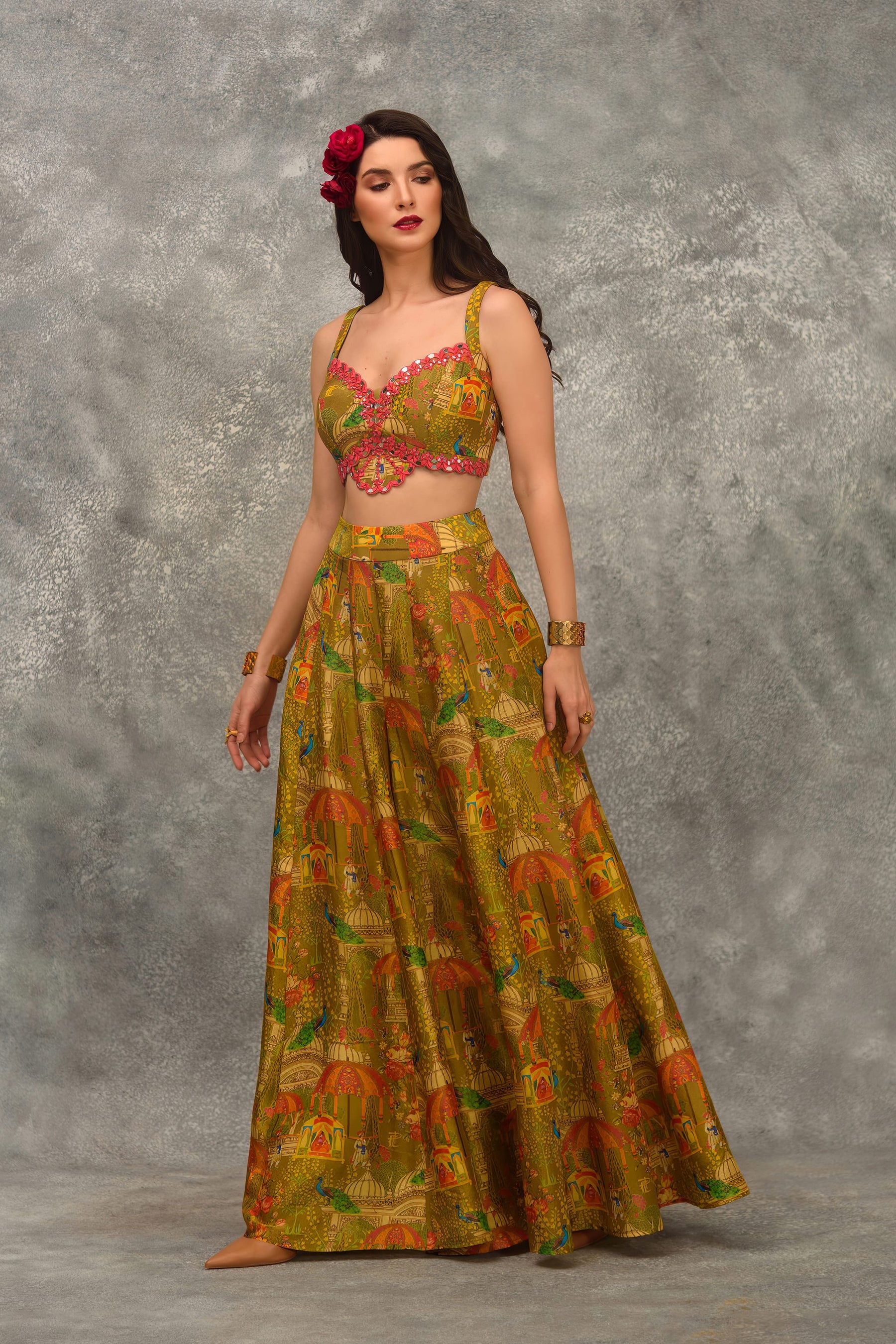 Printed sharara with strap blouse and orangnza hand emb Cape