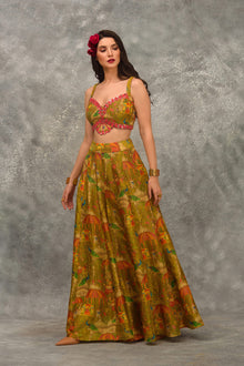 Printed sharara with strap blouse and orangnza hand emb Cape