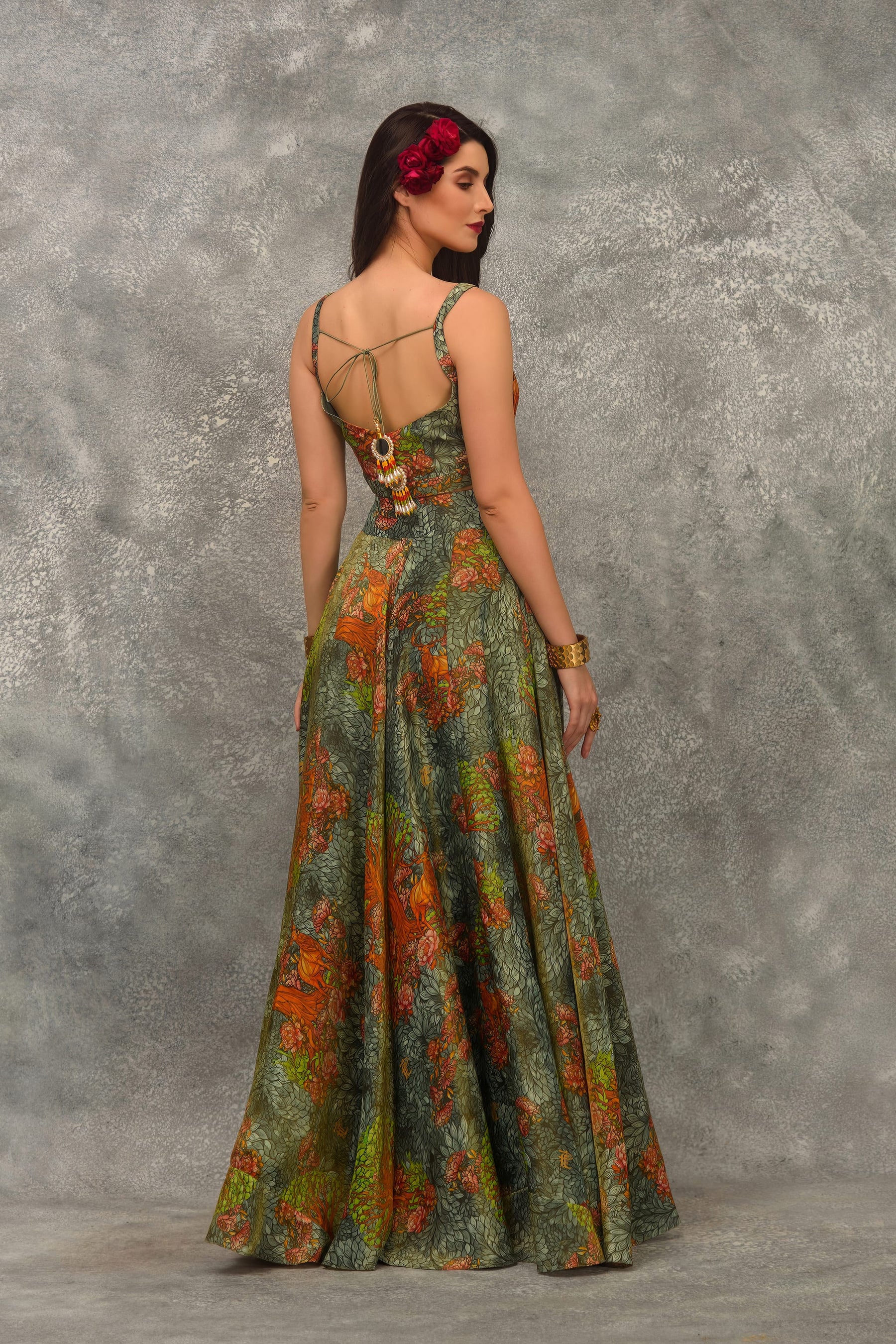 A line Printed skirt with strap blouse and orangnza hand emb Cape