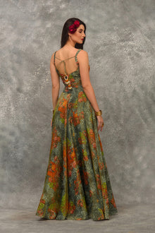 A line Printed skirt with strap blouse and orangnza hand emb Cape
