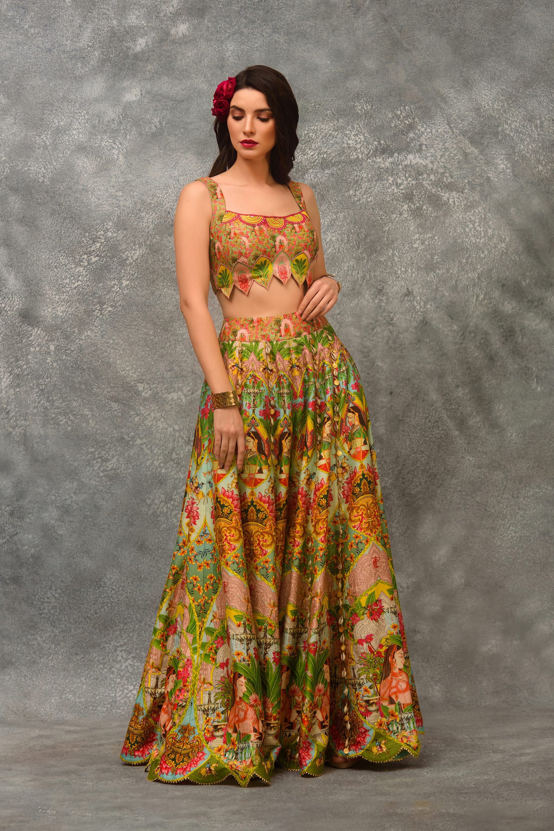 Printed sharara with  blouse and orangnza cutwork border Cape