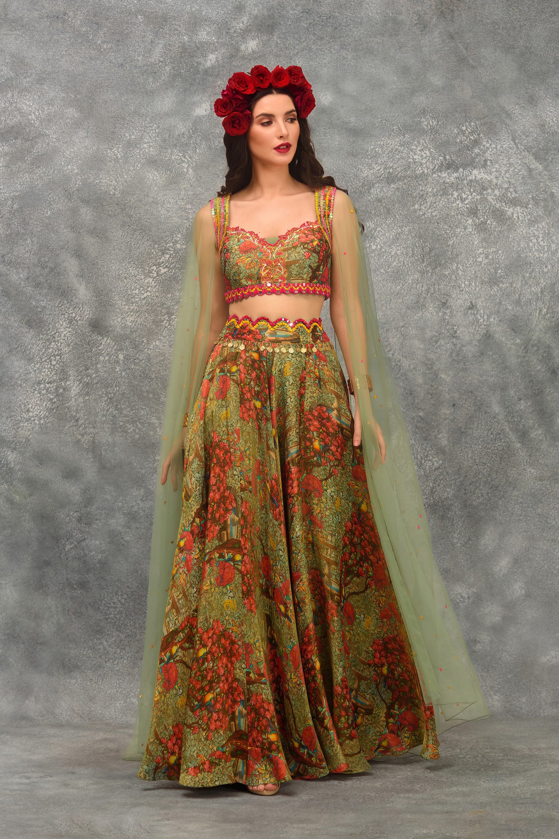 Stain Glass Rose Print Skirt With Blouse