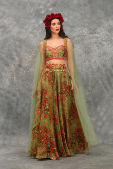 Stain Glass Rose Print Skirt With Blouse
