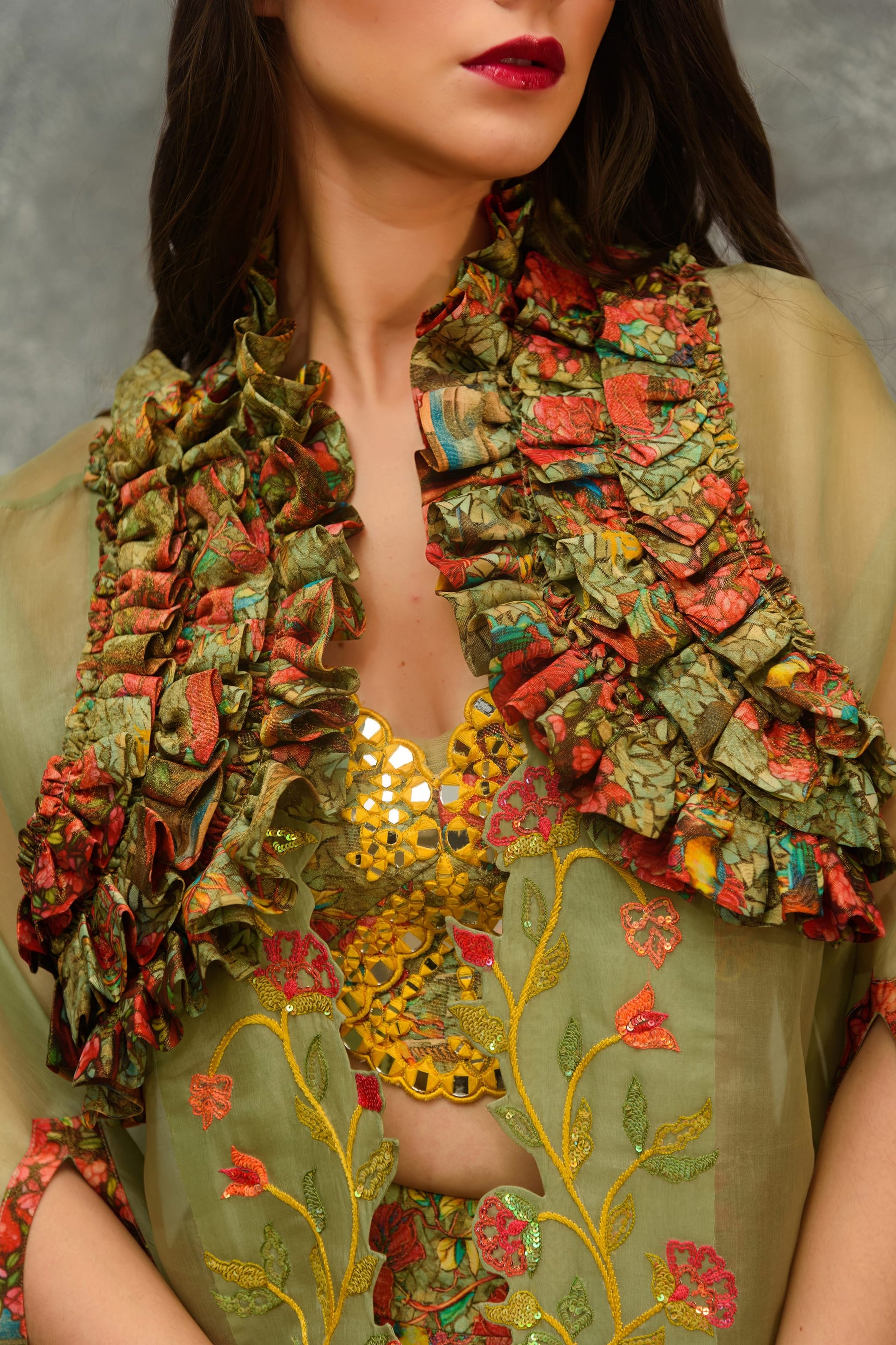 Printed sharara with strap blouse and orangnza hand emb Cape