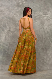 Printed sharara with strap blouse and orangnza hand emb Cape