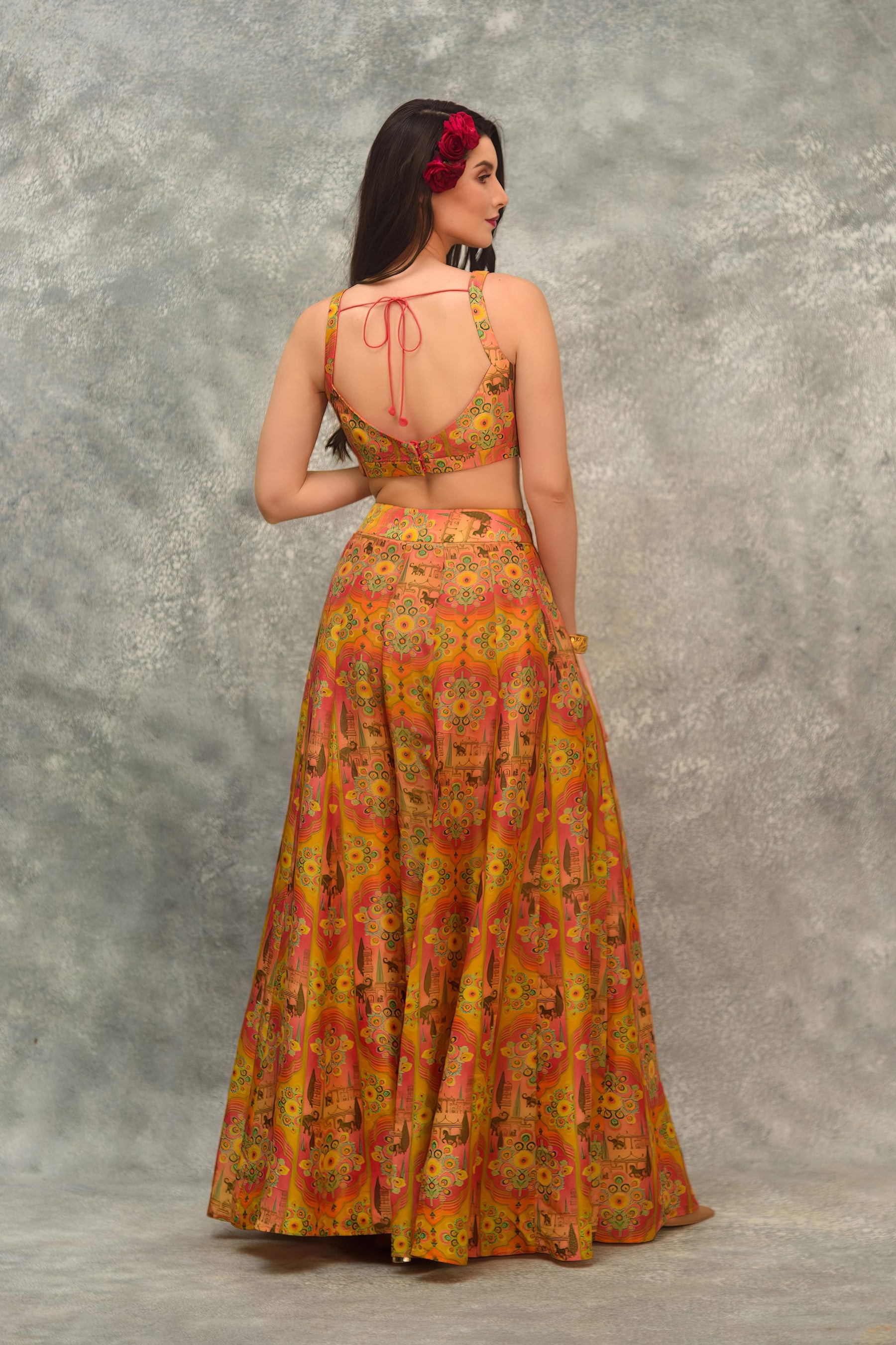 Printed sharara with strap blouse and orangnza hand emb Cape