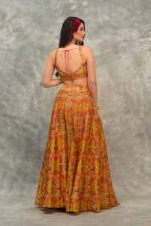 Printed sharara with strap blouse and orangnza hand emb Cape