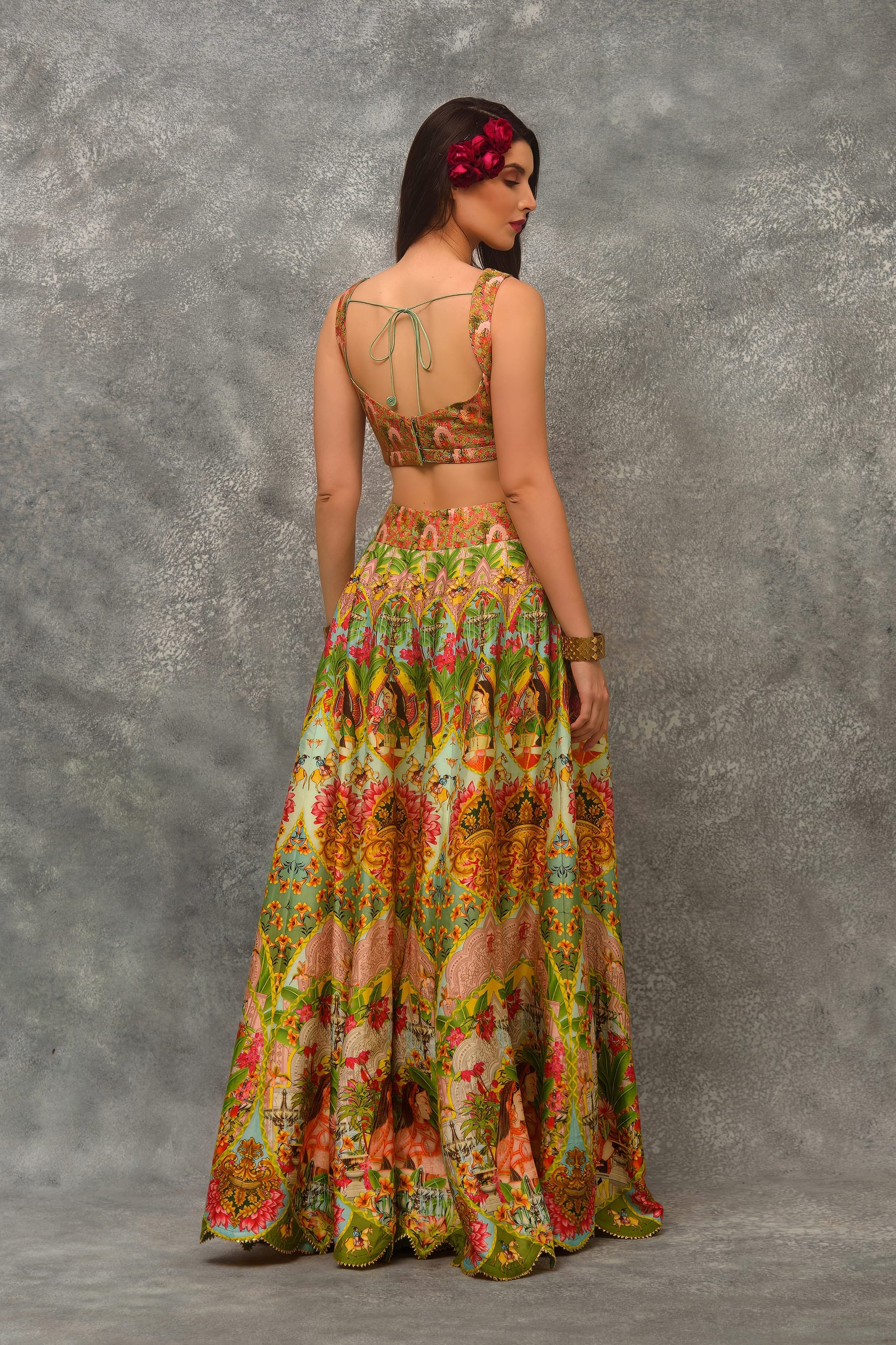 Printed sharara with  blouse and orangnza cutwork border Cape
