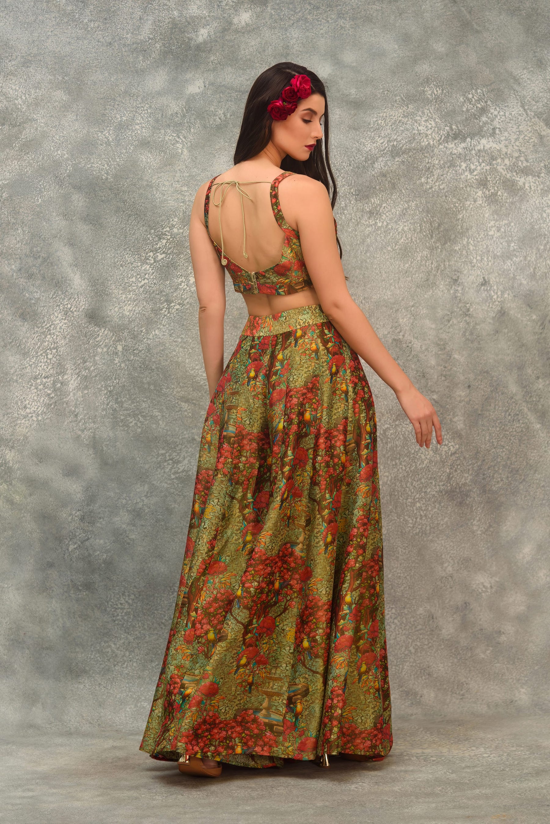 Printed sharara with strap blouse and orangnza hand emb Cape