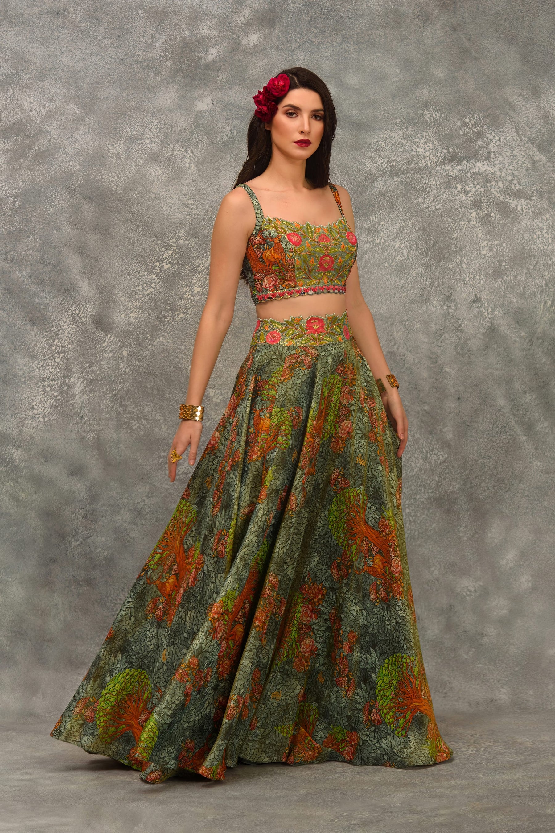 A line Printed skirt with strap blouse and orangnza hand emb Cape