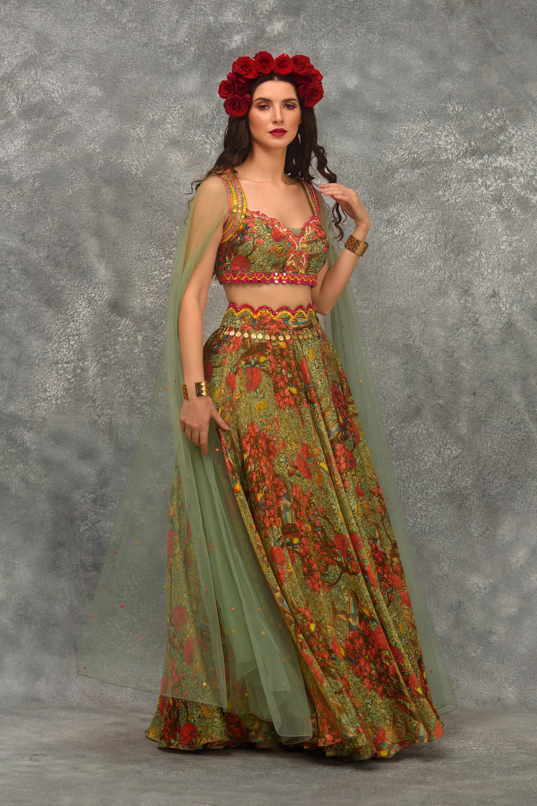 Stain Glass Rose Print Skirt With Blouse