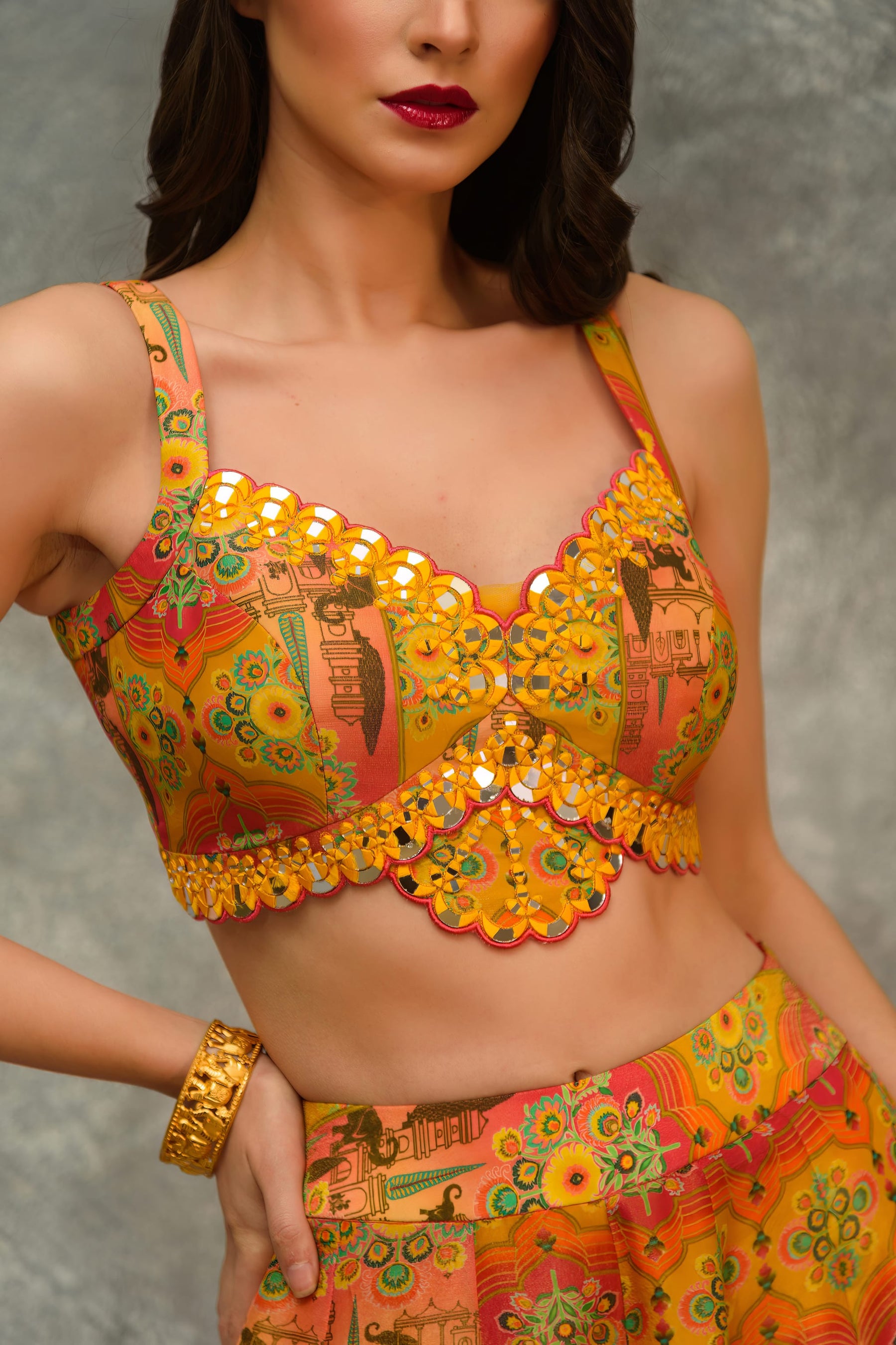 Printed sharara with strap blouse and orangnza hand emb Cape