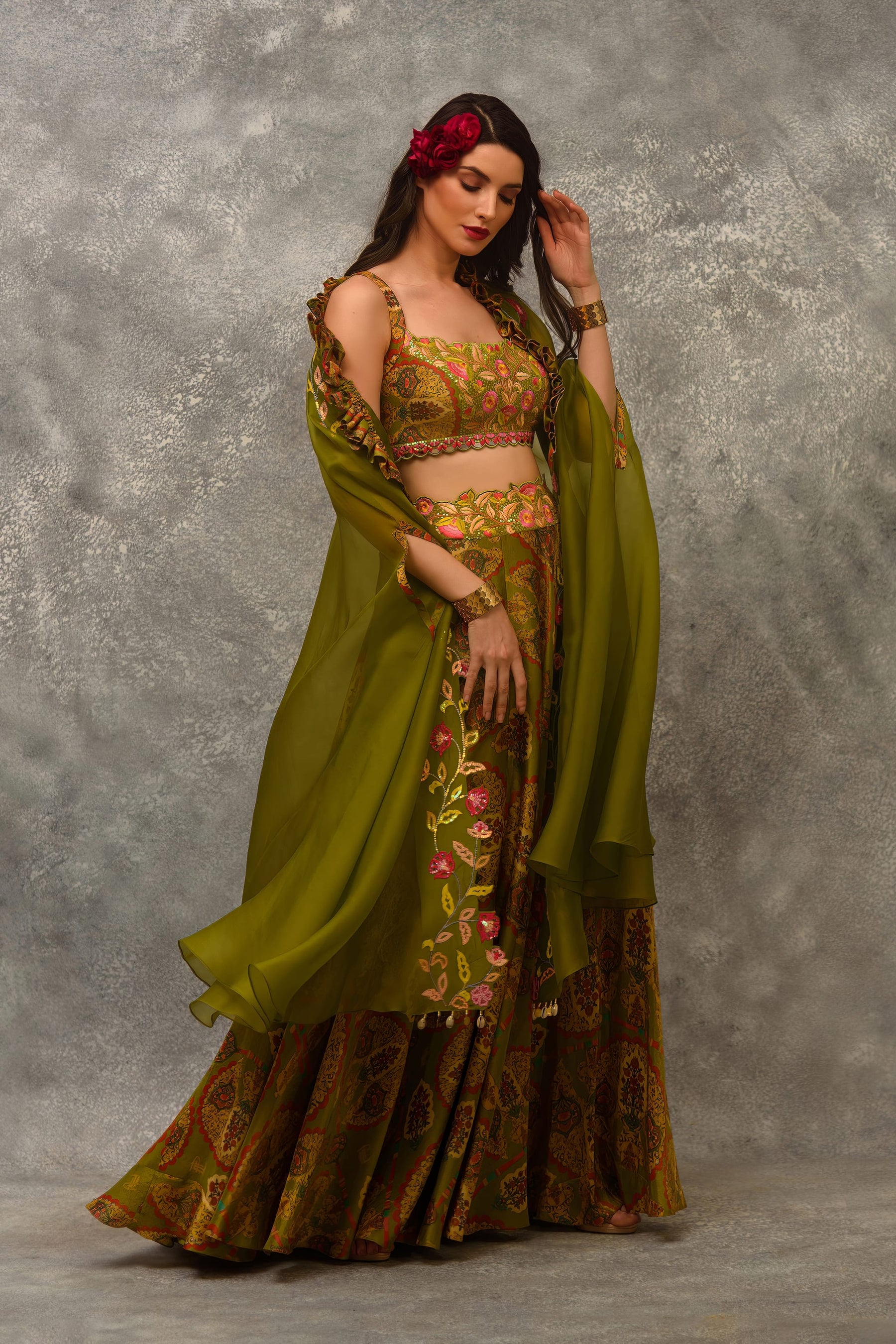 A line Printed skirt with  blouse and orangnza hand emb Cape