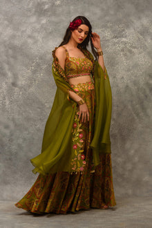 A line Printed skirt with  blouse and orangnza hand emb Cape