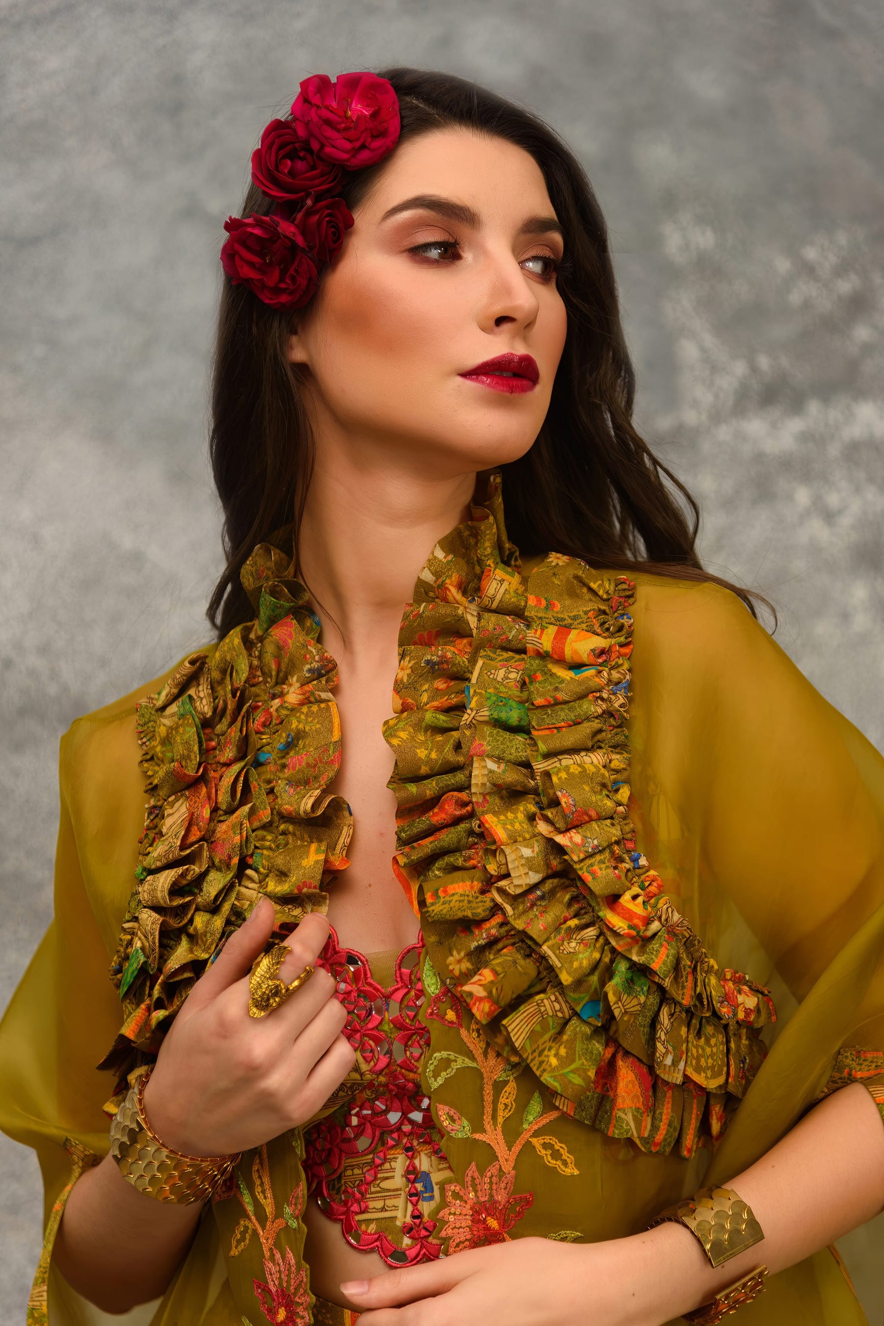 Printed sharara with strap blouse and orangnza hand emb Cape