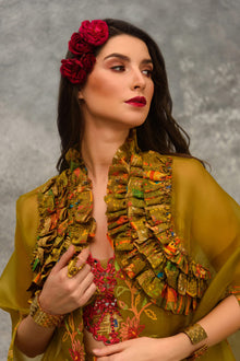Printed sharara with strap blouse and orangnza hand emb Cape