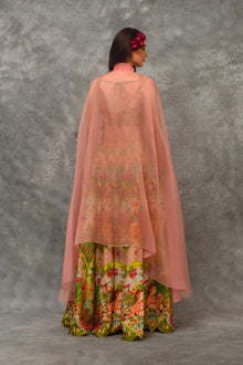 Printed sharara with  blouse and orangnza cutwork border Cape