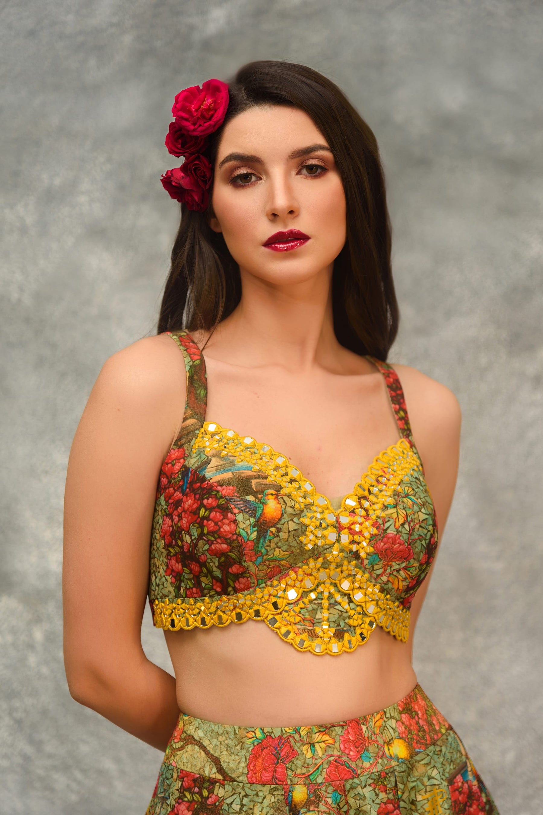 Printed sharara with strap blouse and orangnza hand emb Cape