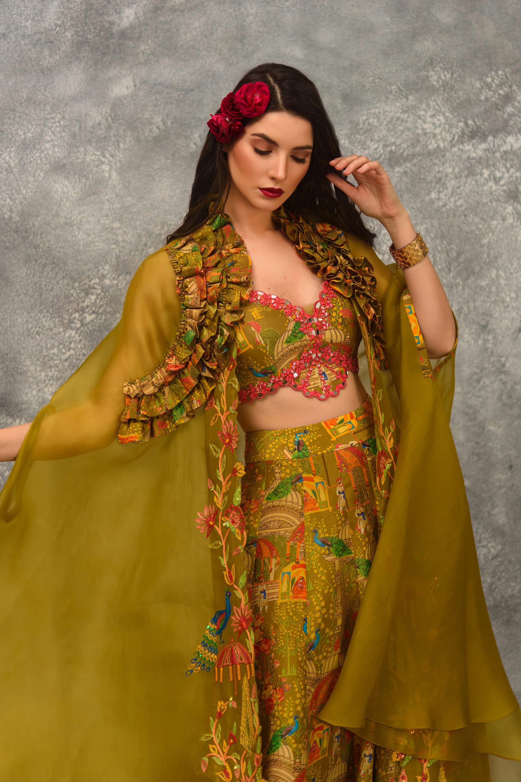 Printed sharara with strap blouse and orangnza hand emb Cape