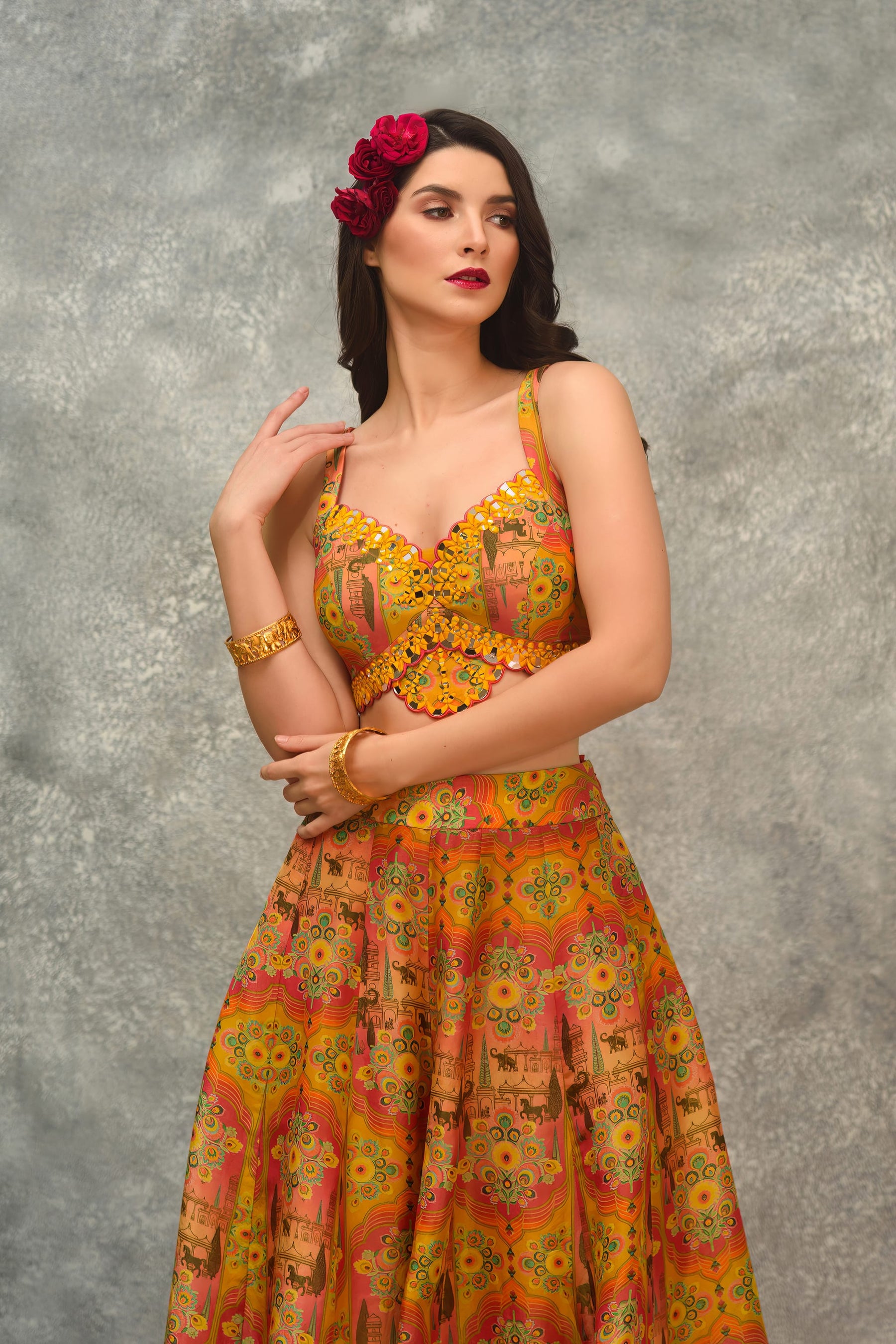 Printed sharara with strap blouse and orangnza hand emb Cape