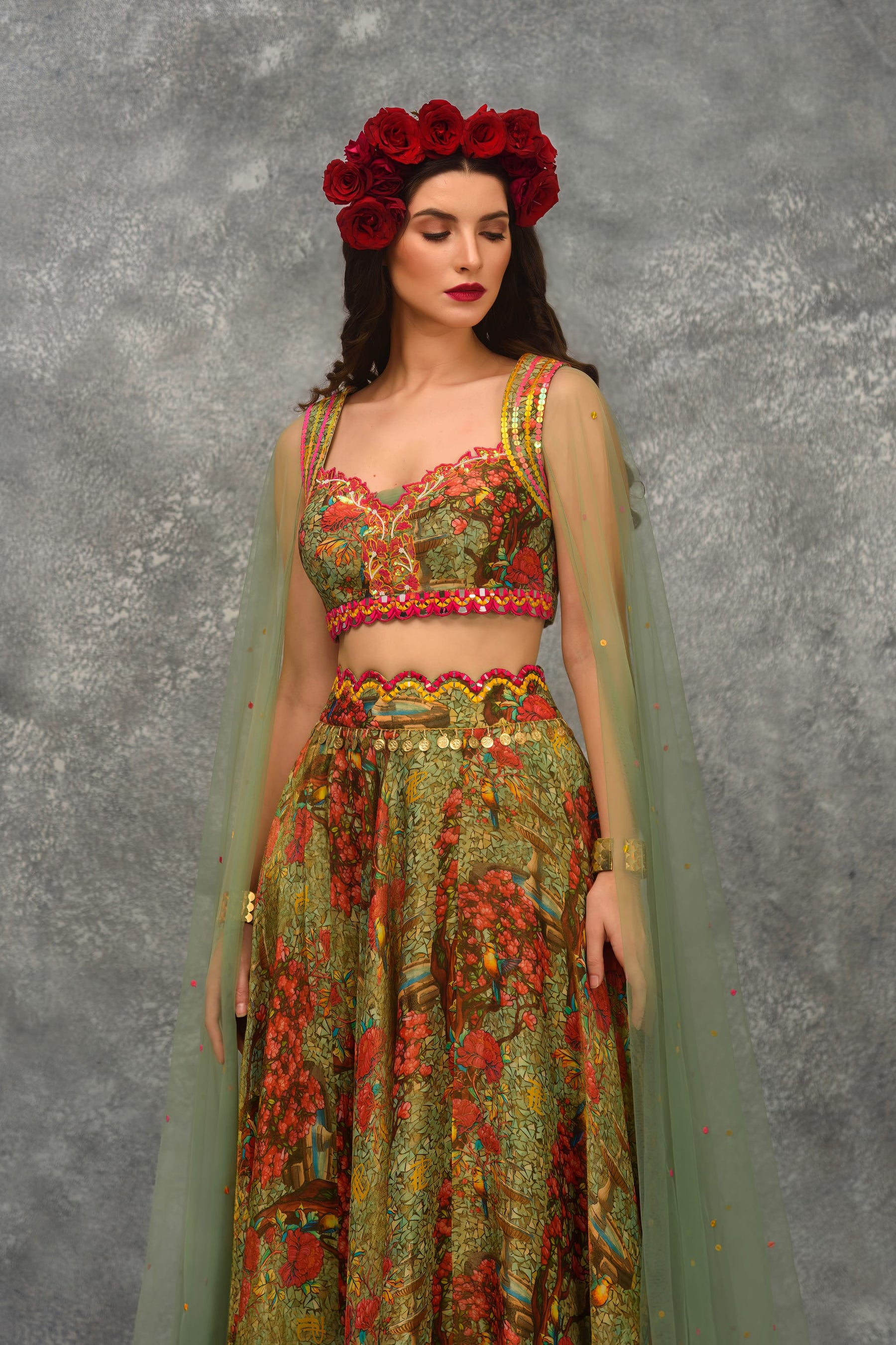 Stain Glass Rose Print Skirt With Blouse