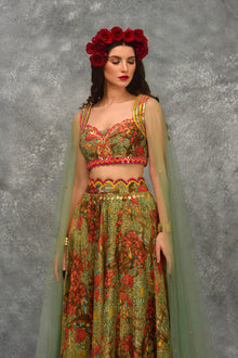 Stain Glass Rose Print Skirt With Blouse