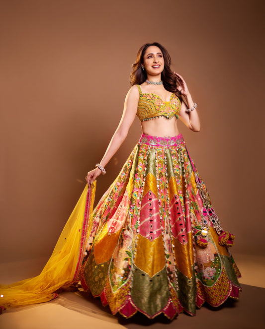 Yellow Mehendi Swan Print Banarsi Patchwork Lehenga