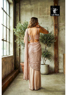 Lycra With Sequin Emb Pre-Draped Saree With Satin Pleats And Sequin Work Blouse