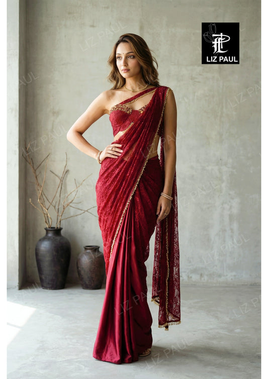 Burgundy Chantilly Lace Pre-Draped Saree With Satin Pleats & Chantilly Blouse With Beads & Metal Emb