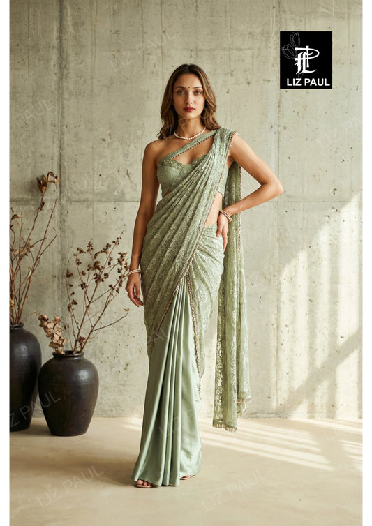 Light Sage Green Chantilly Lace Pre-Draped Saree With Satin Pleats & Chantilly Blouse With Beads & Metal Emb