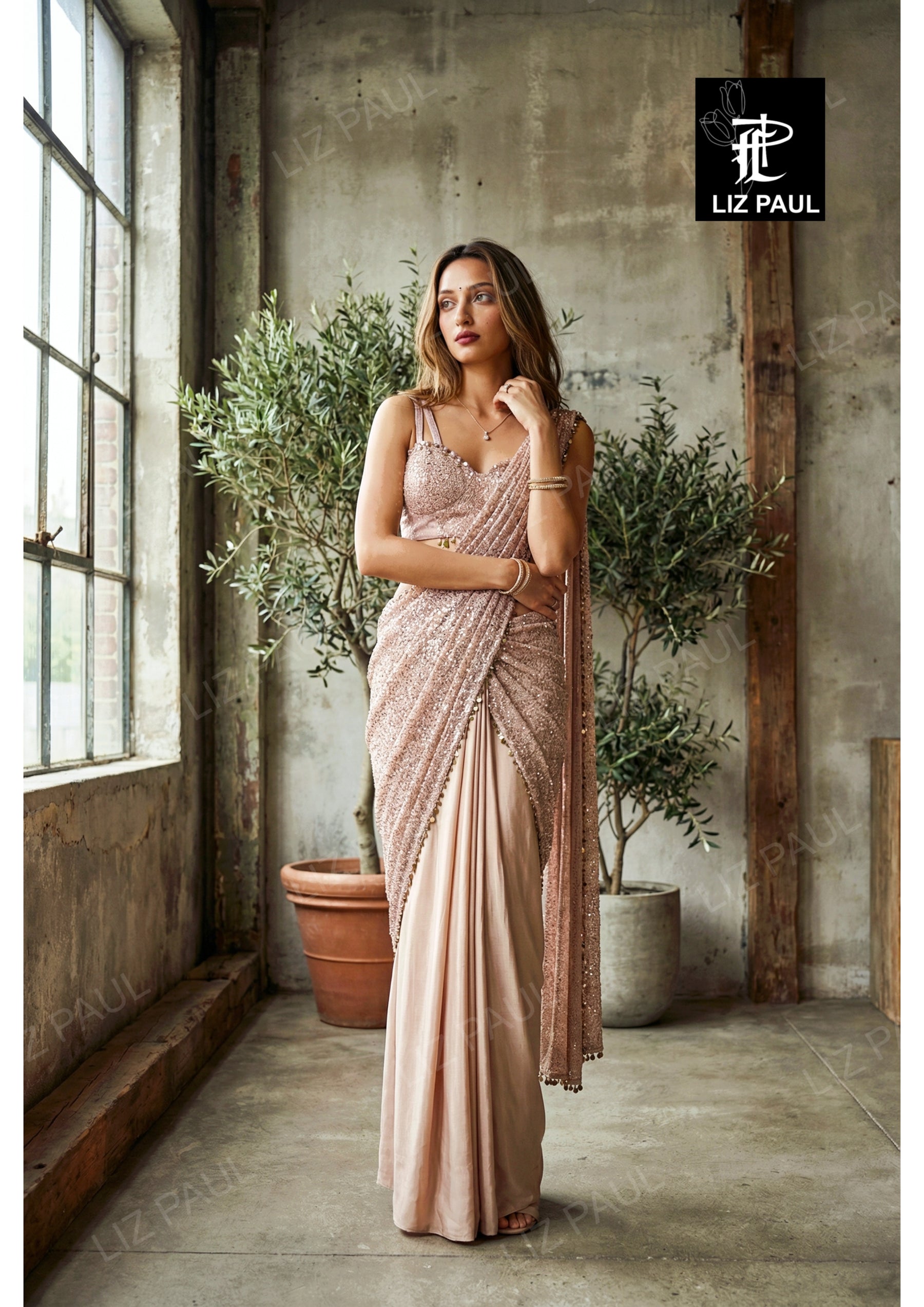 Lycra With Sequin Emb Pre-Draped Saree With Satin Pleats And Sequin Work Blouse